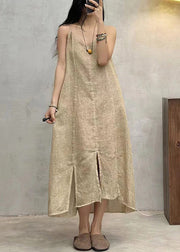 Loose Apricot V Neck Solid Linen Spaghetti Strap Dress Sleeveless