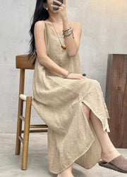 Loose Apricot V Neck Solid Linen Spaghetti Strap Dress Sleeveless