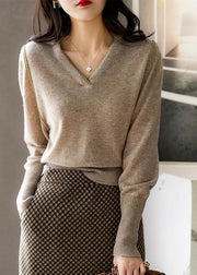 Loose Apricot V Neck Thick Knit Pullover Long Sleeve