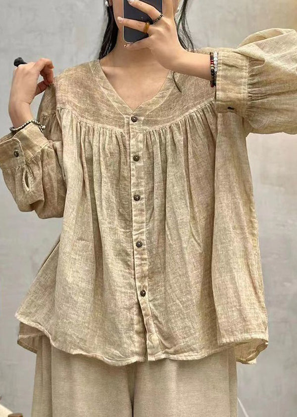 Loose Apricot V Neck Wrinkled Button Cotton Shirts Fall