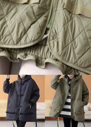 Loose Army Green Hooded Pockets Cotton Filled Parka Winter