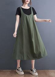 Loose Army Green O-Neck Patchwork Strap Dress Summer