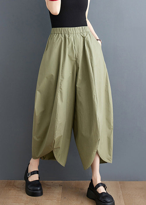 Loose Army Green Pockets Elastic Waist Cotton Crop Pants Fall