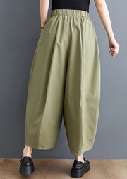 Loose Army Green Pockets Elastic Waist Cotton Crop Pants Fall