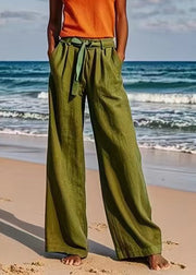 Loose Army Green Pockets High Waist Sashes Straight Pants