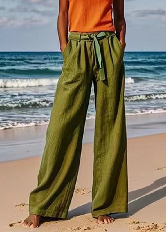 Loose Army Green Pockets High Waist Sashes Straight Pants