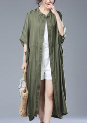 Loose Army Green Striped Pockets Patchwork Long Trench Coat Summer