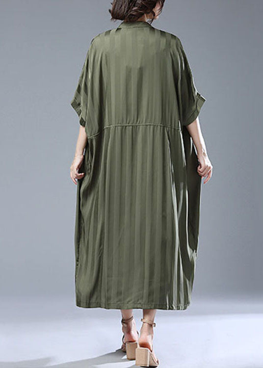 Loose Army Green Striped Pockets Patchwork Long Trench Coat Summer