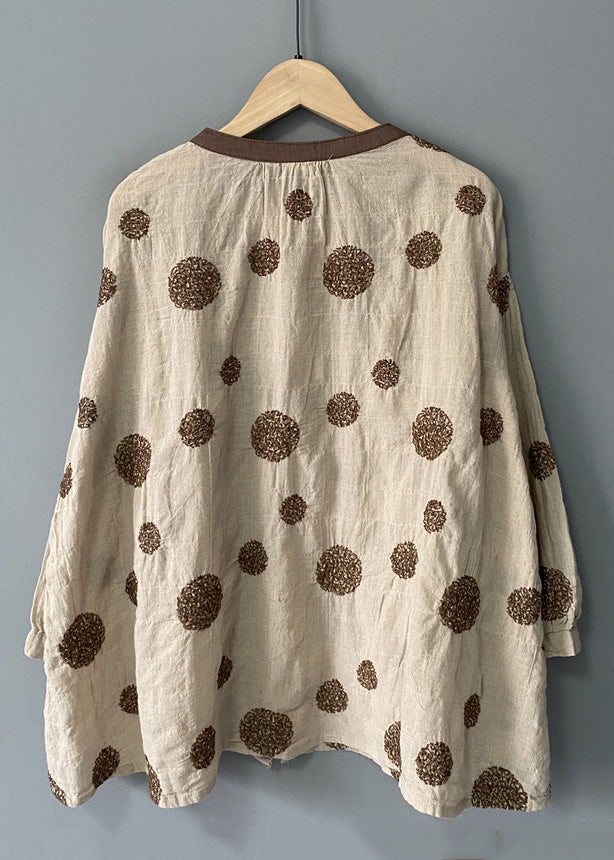 Loose Beige Button Dot Patchwork Linen Shirts Spring