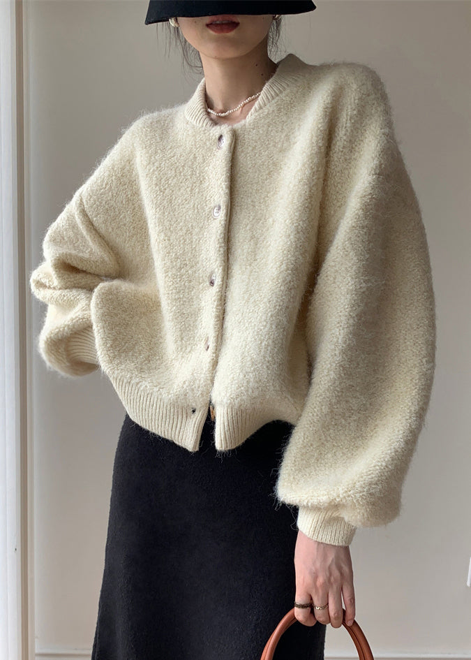 Loose Beige Button Solid Thick Wool Knit Coats Winter