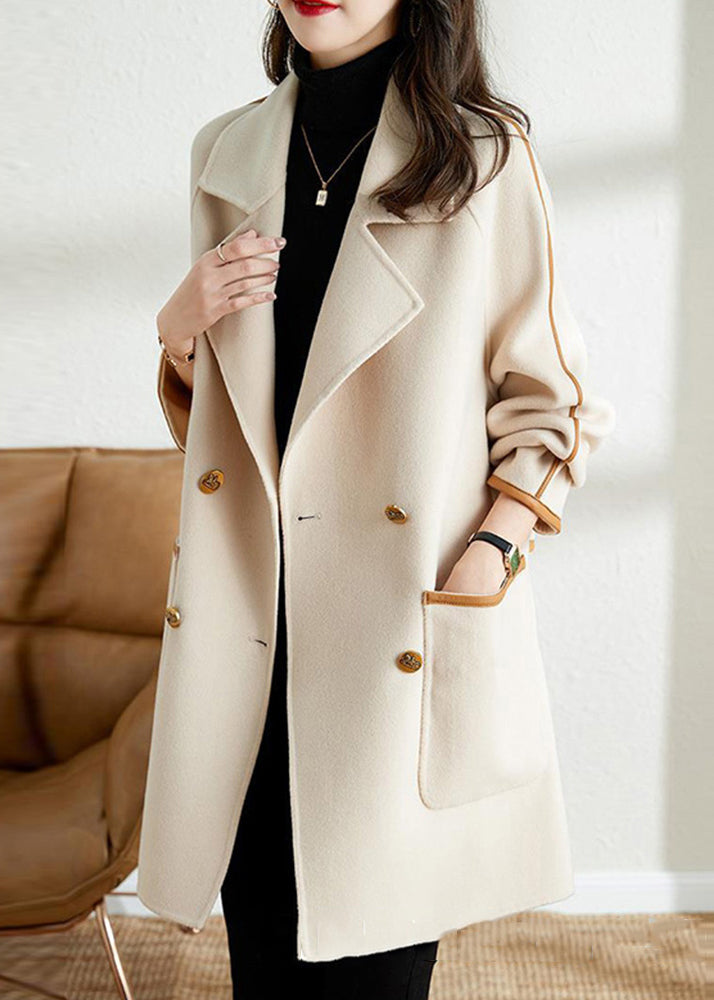 Loose Beige Double Breast Pockets Patchwork Woolen Coat Fall