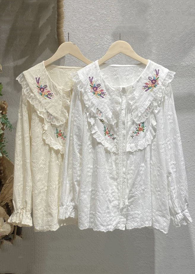 Loose Beige Embroidered Lace Patchwork Cotton Shirt Long Sleeve