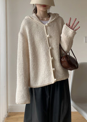 Loose Beige Hooded Button Solid Cotton Knit Coat Winter