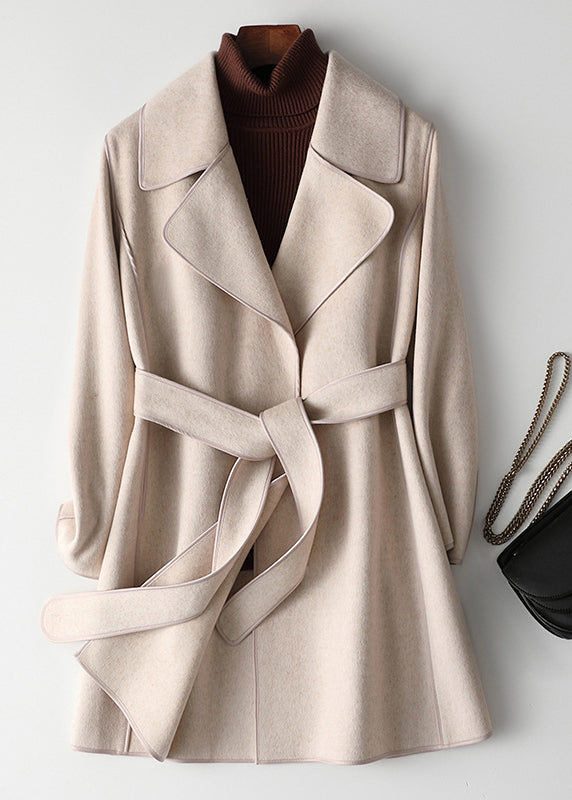 Loose Beige Notched Tie Waist Woolen Coats Fall