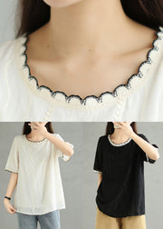 Loose Beige O Neck Embroidered Cotton T Shirt Summer