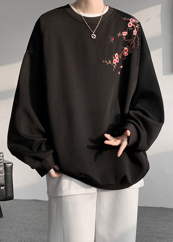 Loose Beige O Neck Embroideried Cotton Men Pullover Sweatshirts Fall