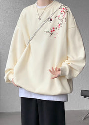 Loose Beige O Neck Embroideried Cotton Men Pullover Sweatshirts Fall