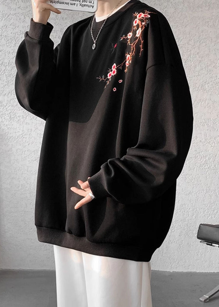 Loose Beige O Neck Embroideried Cotton Men Pullover Sweatshirts Fall