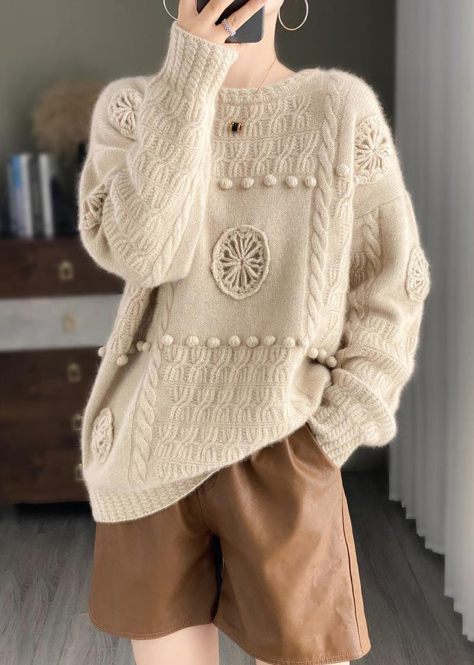 Loose Beige O-Neck Hollow Out Cotton Knit Sweater Long Sleeve