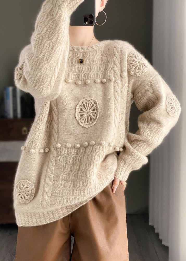 Loose Beige O-Neck Hollow Out Cotton Knit Sweater Long Sleeve