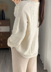 Loose Beige O-Neck Hollow Out Cotton Knit Sweater Long Sleeve