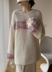 Loose Beige O Neck Hollow Out Knit Sweaters Winter