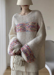 Loose Beige O Neck Hollow Out Knit Sweaters Winter