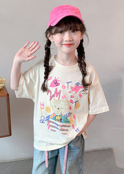 Loose Beige O-Neck Print Kids T Shirts Summer