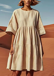 Loose Beige O Neck Wrinkled Patchwork Linen Mid Dresses Summer