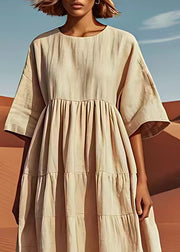 Loose Beige O Neck Wrinkled Patchwork Linen Mid Dresses Summer