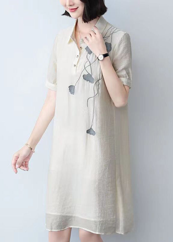 Loose Beige Peter Pan Collar Print Cotton Mid Dress Summer