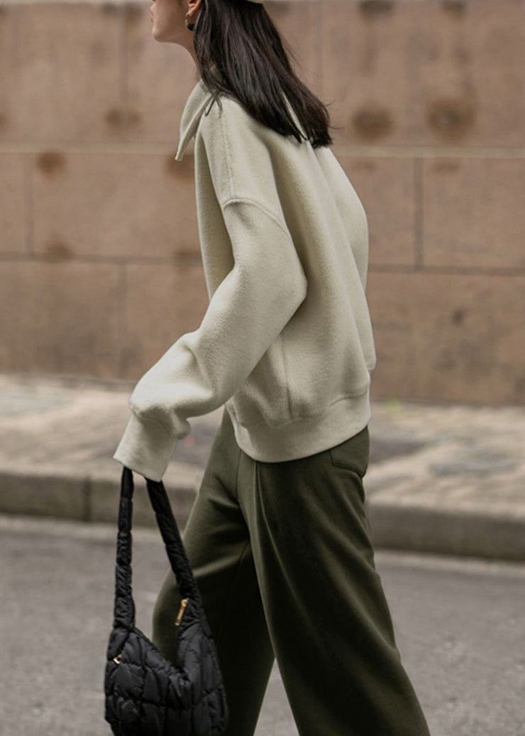 Loose Beige Peter Pan Collar Zip Up Cotton Top Fall