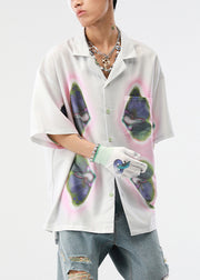 Loose Beige Print Button Cotton Men's Shirts Summer