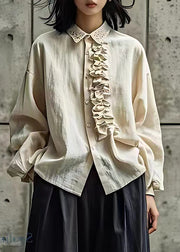 Loose Beige Ruffled Patchwork Button Tops Fall