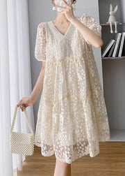 Loose Beige V Neck Lace Patchwork Long Dress Short Sleeve