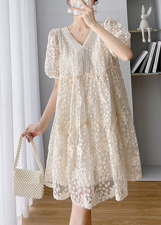 Loose Beige V Neck Lace Patchwork Long Dress Short Sleeve