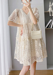 Loose Beige V Neck Lace Patchwork Long Dress Short Sleeve