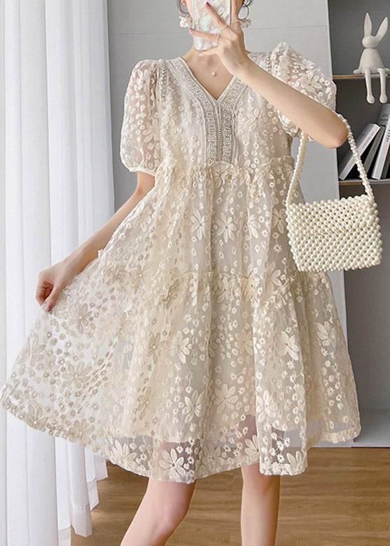 Loose Beige V Neck Lace Patchwork Long Dress Short Sleeve