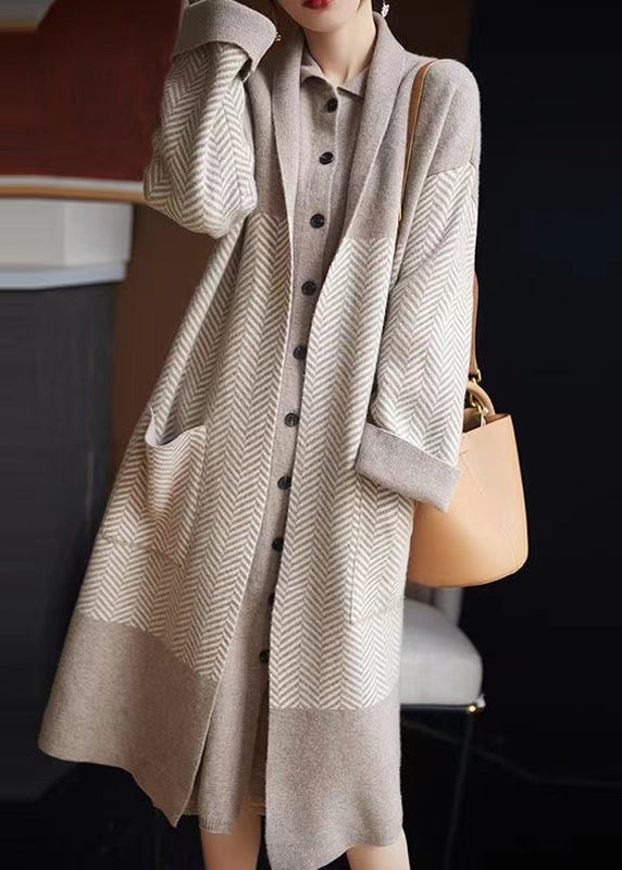 Loose Beige V Neck Pockets Patchwork Loose Long Coat Fall