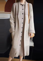 Loose Beige V Neck Pockets Patchwork Loose Long Coat Fall