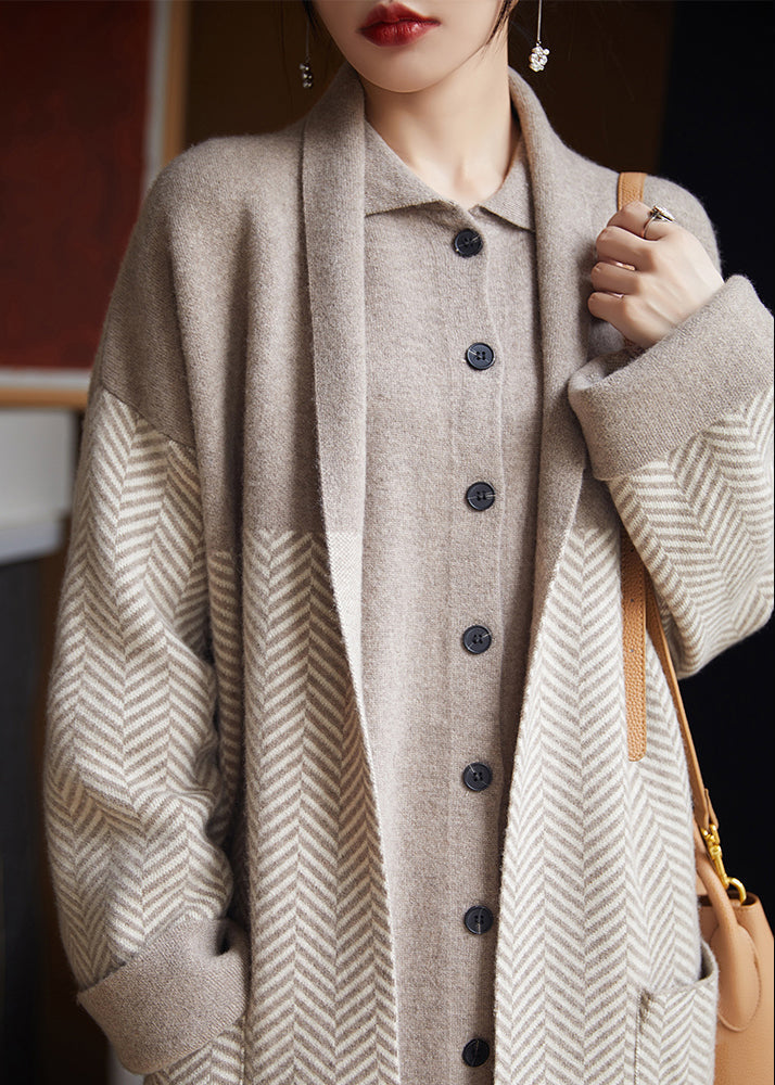 Loose Beige V Neck Pockets Patchwork Loose Long Coat Fall