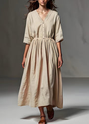 Loose Beige V Neck Wrinkled Patchwork Linen Long Dress Half Sleeve