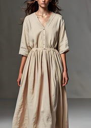 Loose Beige V Neck Wrinkled Patchwork Linen Long Dress Half Sleeve