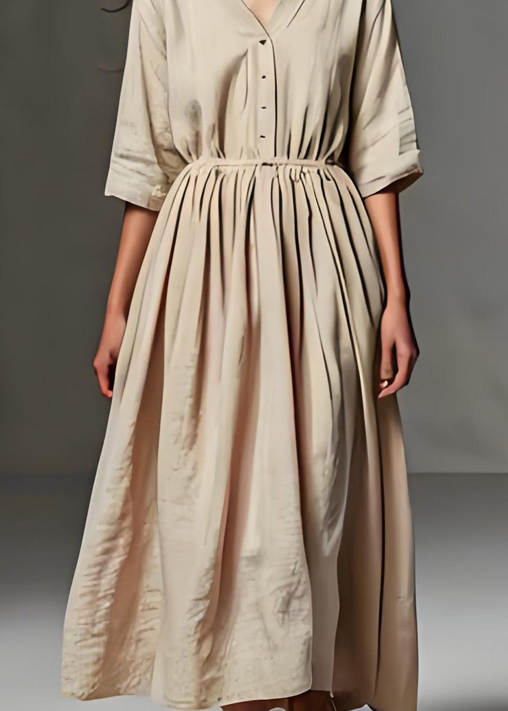 Loose Beige V Neck Wrinkled Patchwork Linen Long Dress Half Sleeve