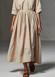 Loose Beige V Neck Wrinkled Patchwork Linen Long Dress Half Sleeve