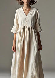 Loose Beige V Neck Wrinkled Patchwork Linen Long Dresses Summer