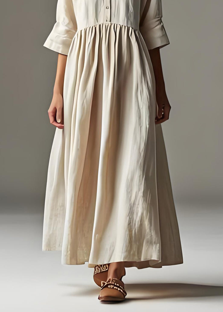 Loose Beige V Neck Wrinkled Patchwork Linen Long Dresses Summer