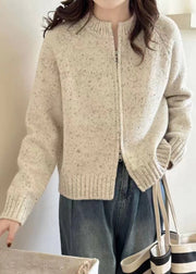 Loose Beige Zippered Patchwork Cozy Knit Coats Long Sleeve