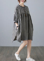 Loose Big Plaid O Neck Wrinkled Patchwork Linen Mid Dress Summer