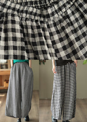 Loose Big Plaid Pockets Elastic Waist Patchwork Linen Pants Summer